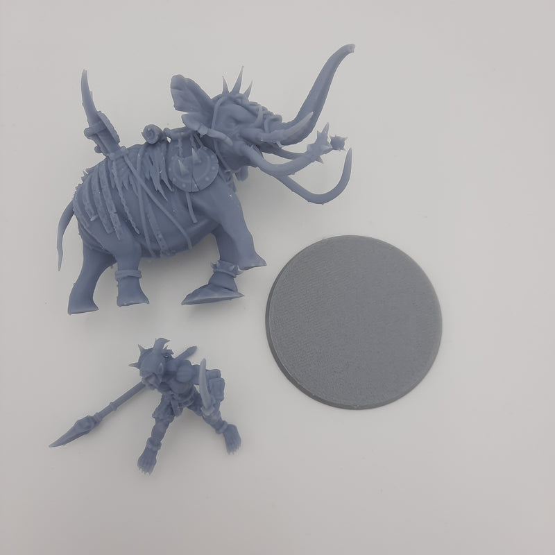 Miniature figurine - War Elephant woth Orc Rider - DnD -Gray/Unpainted