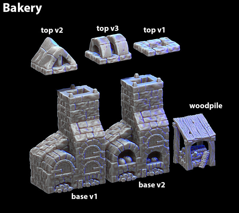 Décors miniature - Boulangerie et fours à pain (3 choix de toiture) - DnD - Gris/Non peint